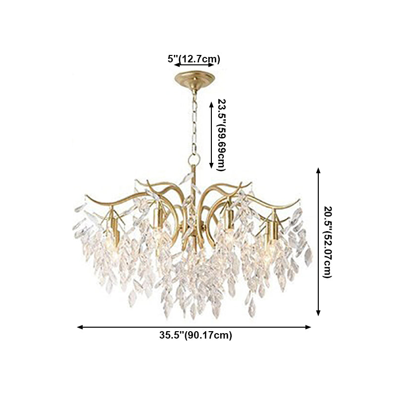 Crystal Leaf Pendant Light Fixture Country Style Living Room Chandelier in Gold