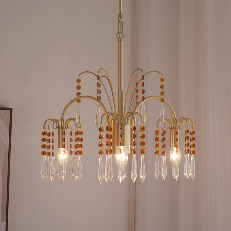 Country Style Branch Pendant Lamp Crystal Beading Chandelier in Brass for Cafe