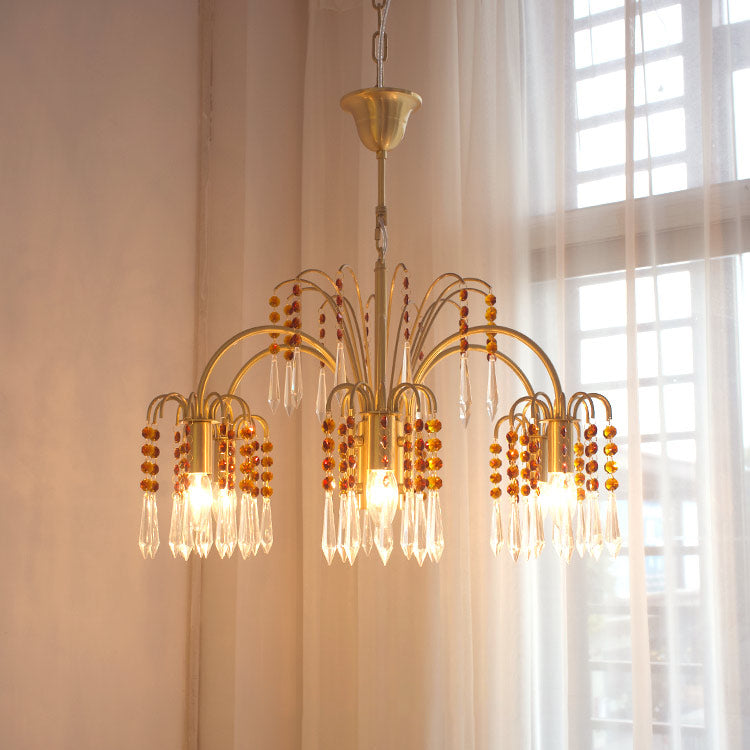 Country Style Branch Pendant Lamp Crystal Beading Chandelier in Brass for Cafe
