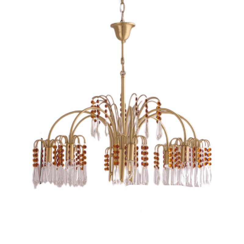 Country Style Branch Pendant Lamp Crystal Beading Chandelier in Brass for Cafe