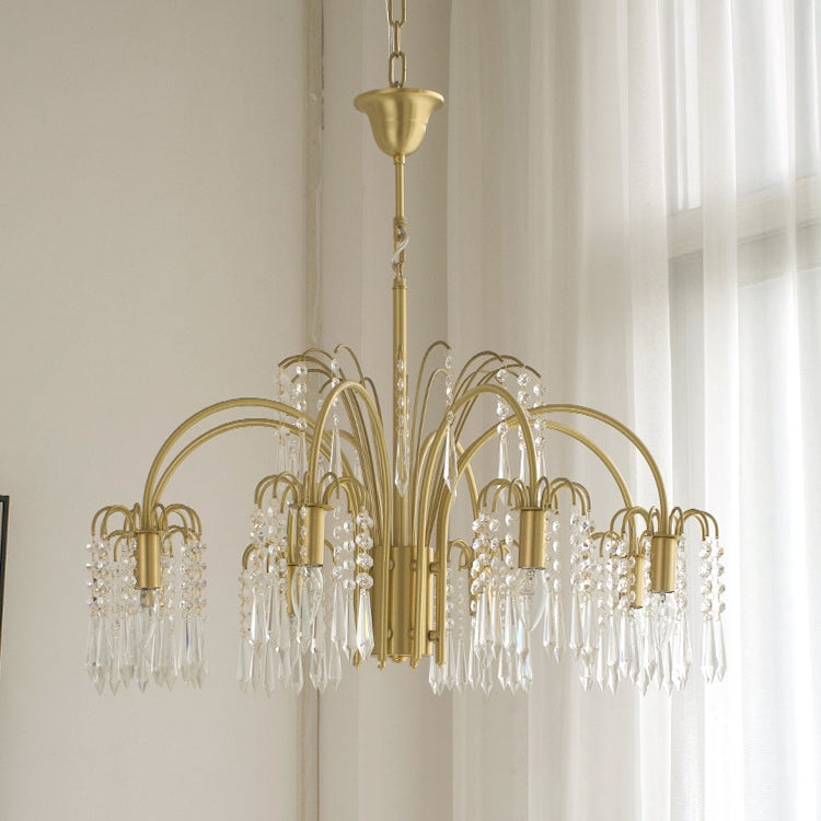 Country Style Branch Pendant Lamp Crystal Beading Chandelier in Brass for Cafe