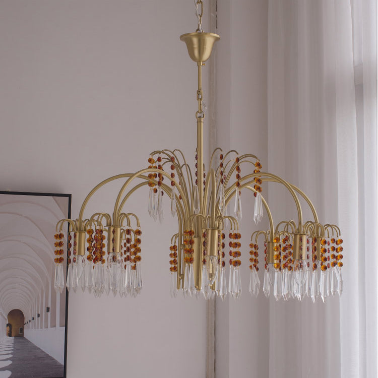 Country Style Branch Pendant Lamp Crystal Beading Chandelier in Brass for Cafe