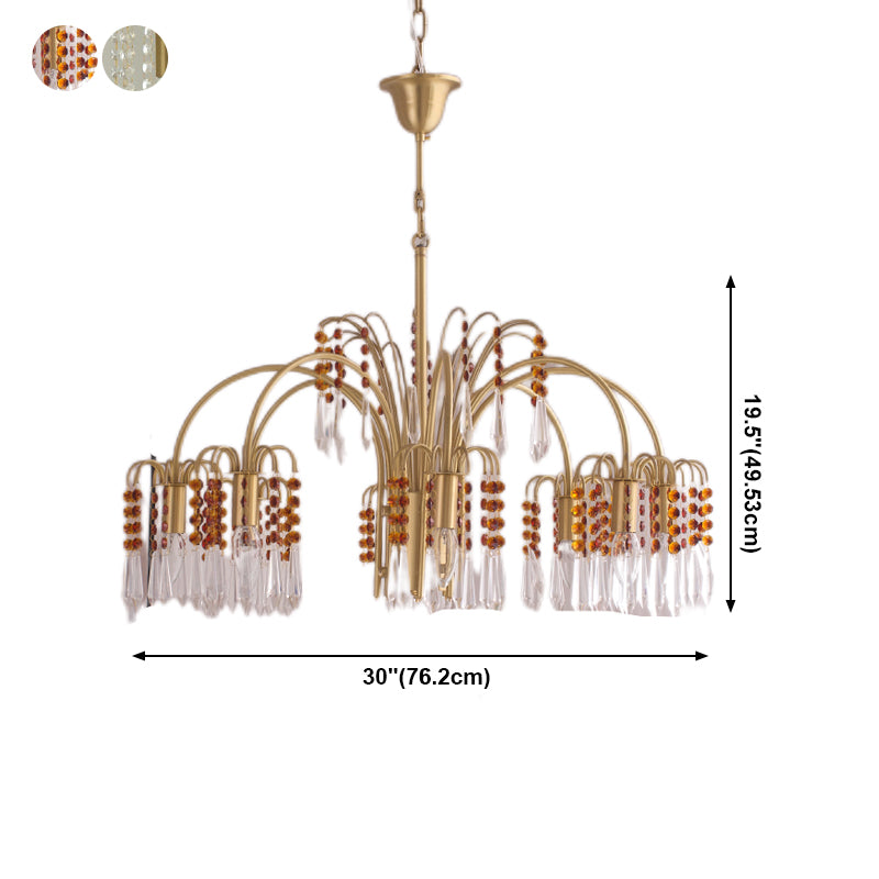 Country Style Branch Pendant Lamp Crystal Beading Chandelier in Brass for Cafe