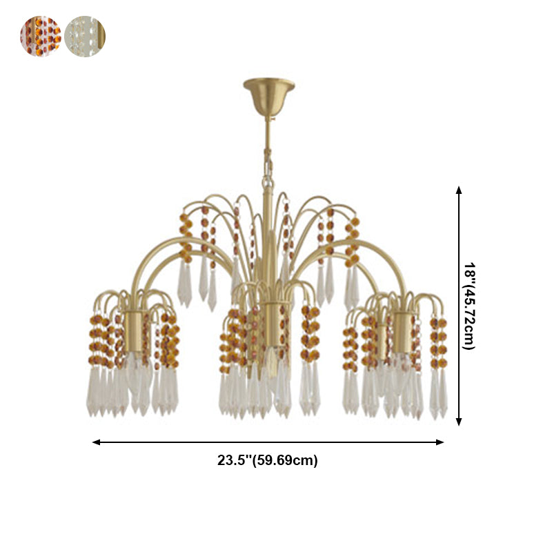 Country Style Branch Pendant Lamp Crystal Beading Chandelier in Brass for Cafe