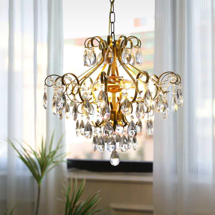Brass Scrolls Chandelier Pendant Countryside Crystal Dining Room Hanging Light