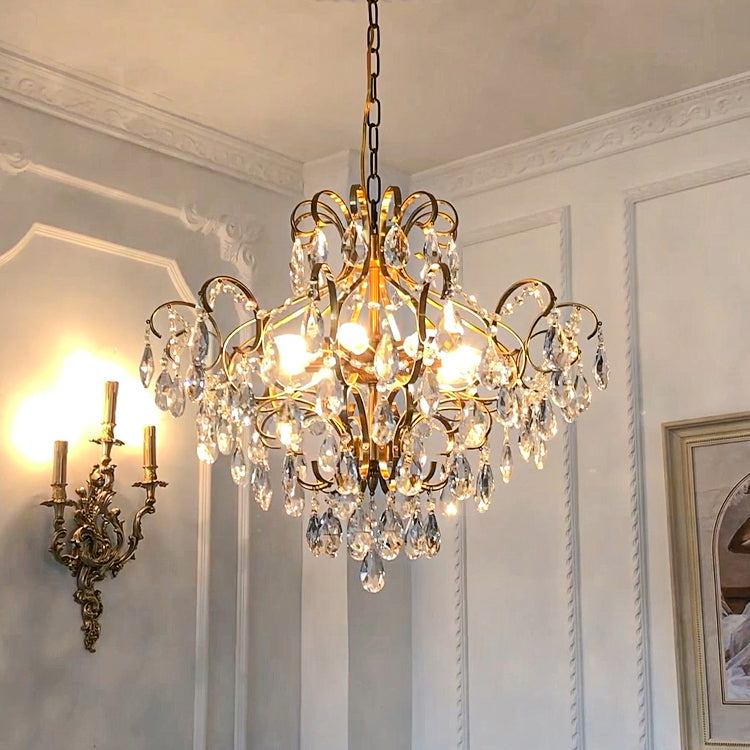 Brass Scrolls Chandelier Pendant Countryside Crystal Dining Room Hanging Light