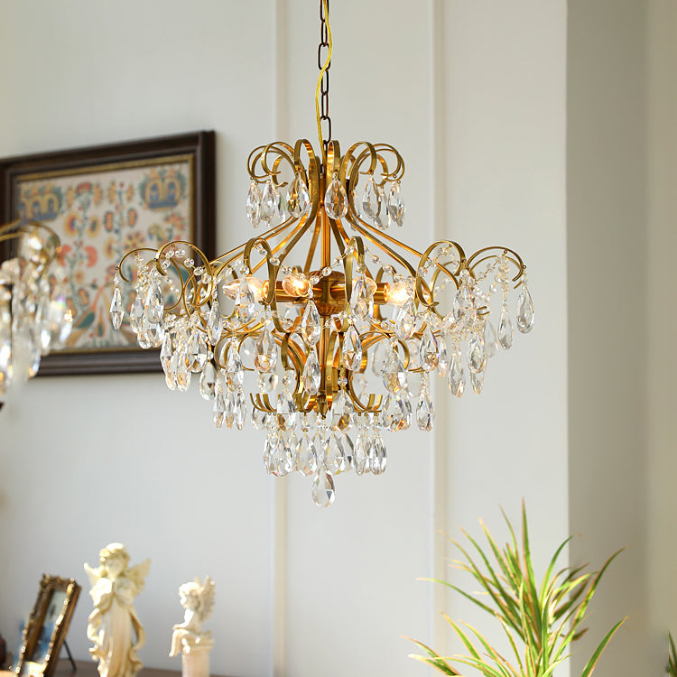 Brass Scrolls Chandelier Pendant Countryside Crystal Dining Room Hanging Light
