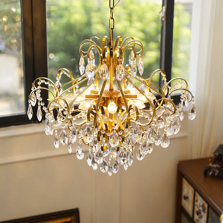 Brass Scrolls Chandelier Pendant Countryside Crystal Dining Room Hanging Light