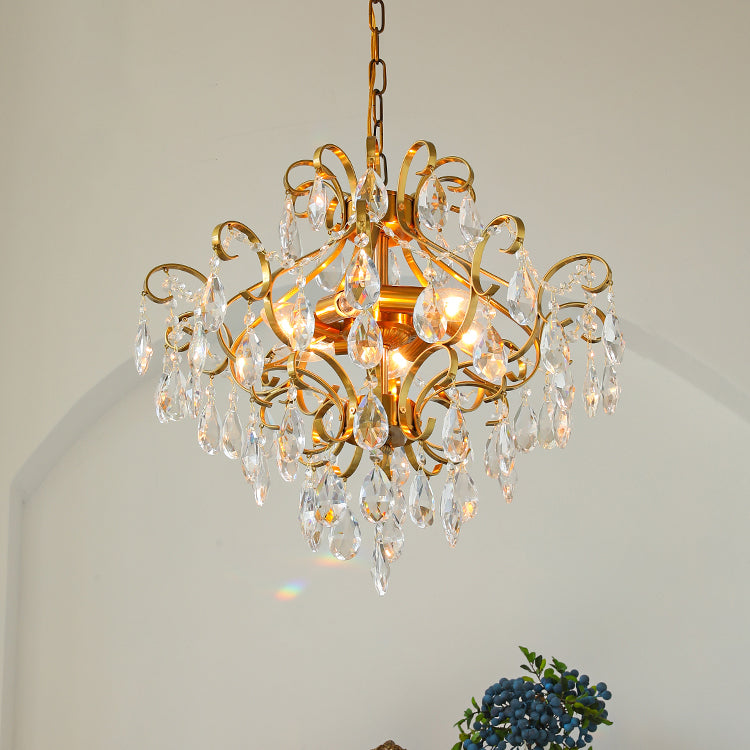 Brass Scrolls Chandelier Pendant Countryside Crystal Dining Room Hanging Light