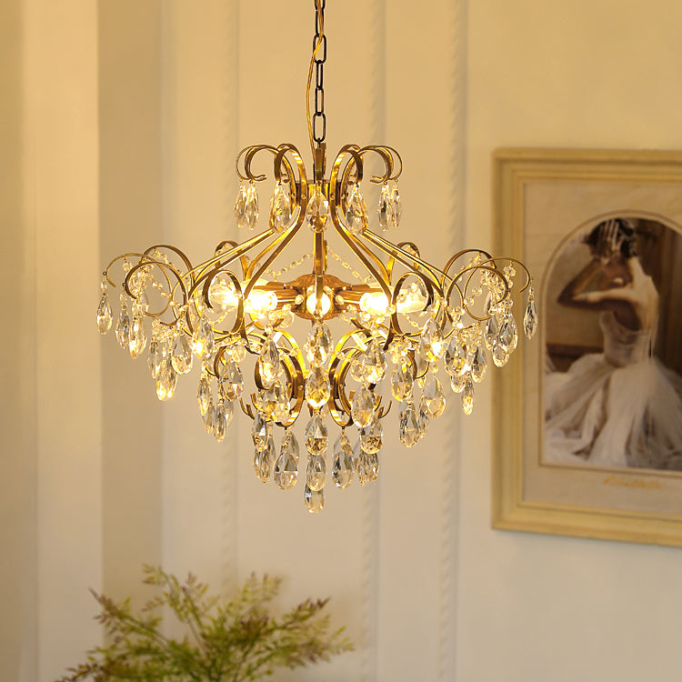 Brass Scrolls Chandelier Pendant Countryside Crystal Dining Room Hanging Light