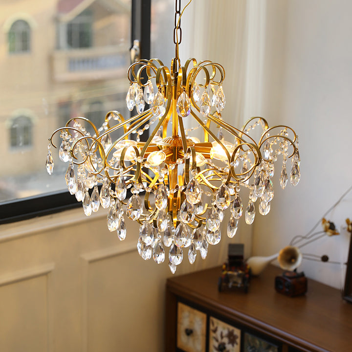 Brass Scrolls Chandelier Pendant Countryside Crystal Dining Room Hanging Light