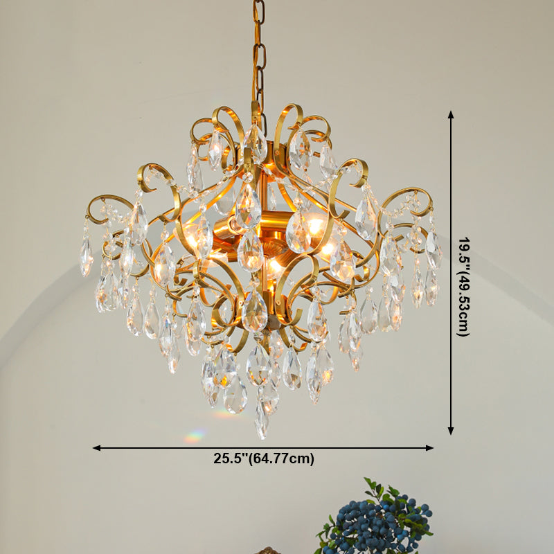 Brass Scrolls Chandelier Pendant Countryside Crystal Dining Room Hanging Light