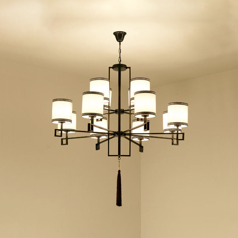 Cylindrical Fabric Suspension Lamp Retro Lobby Living Room Chandelier with Tassel