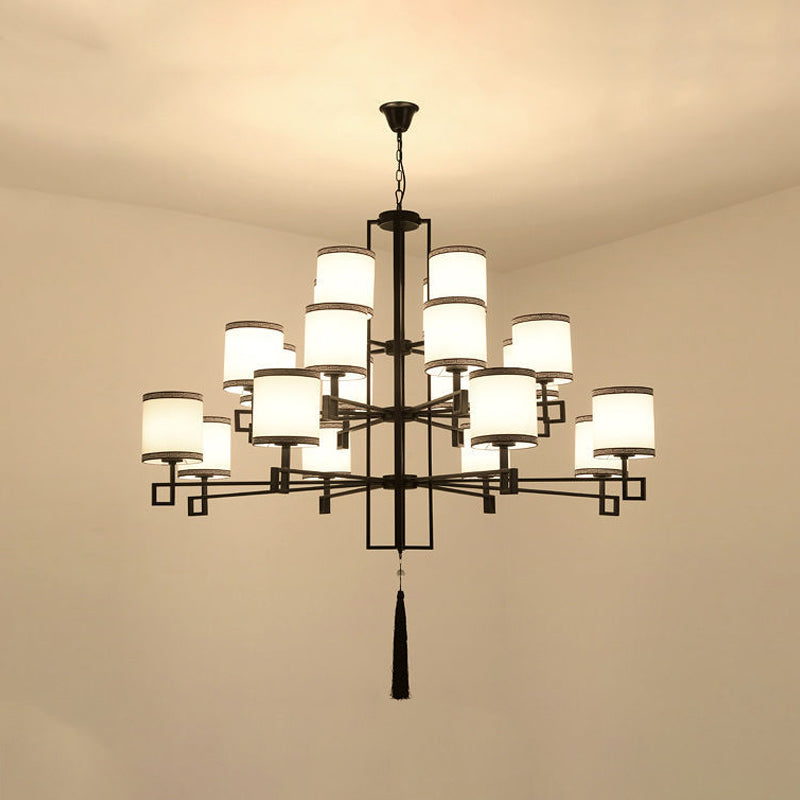 Cylindrical Fabric Suspension Lamp Retro Lobby Living Room Chandelier with Tassel