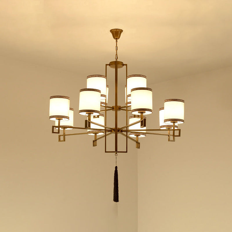 Cylindrical Fabric Suspension Lamp Retro Lobby Living Room Chandelier with Tassel
