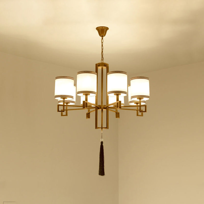 Cylindrical Fabric Suspension Lamp Retro Lobby Living Room Chandelier with Tassel