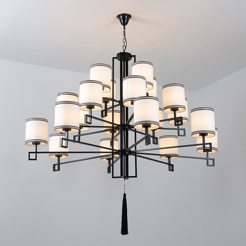 Cylindrical Fabric Suspension Lamp Retro Lobby Living Room Chandelier with Tassel