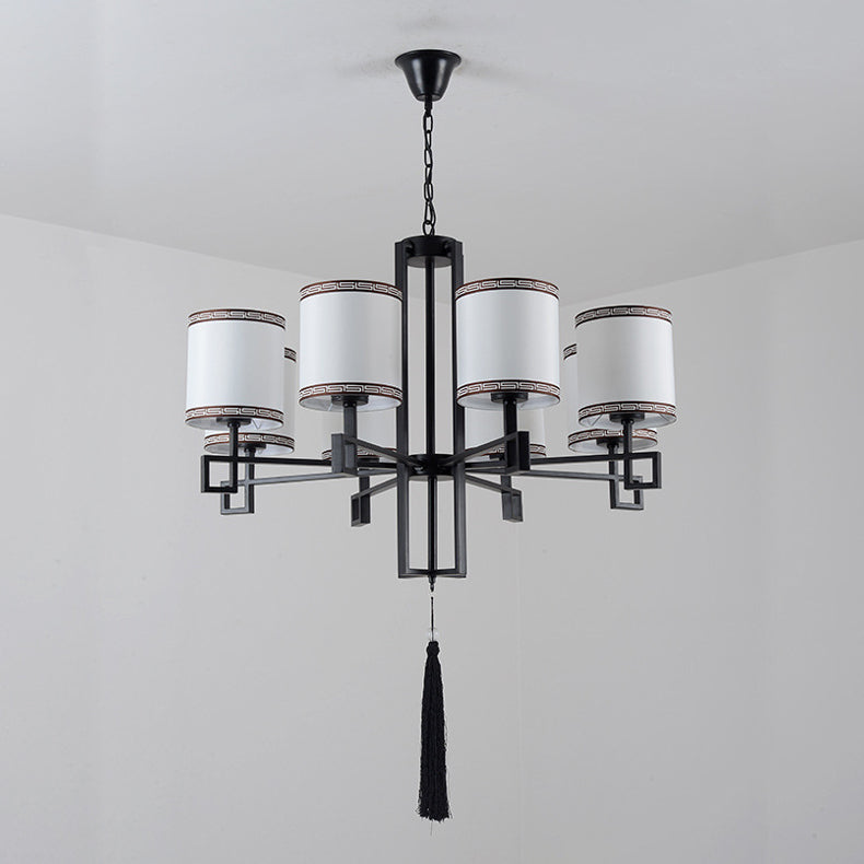 Cylindrical Fabric Suspension Lamp Retro Lobby Living Room Chandelier with Tassel