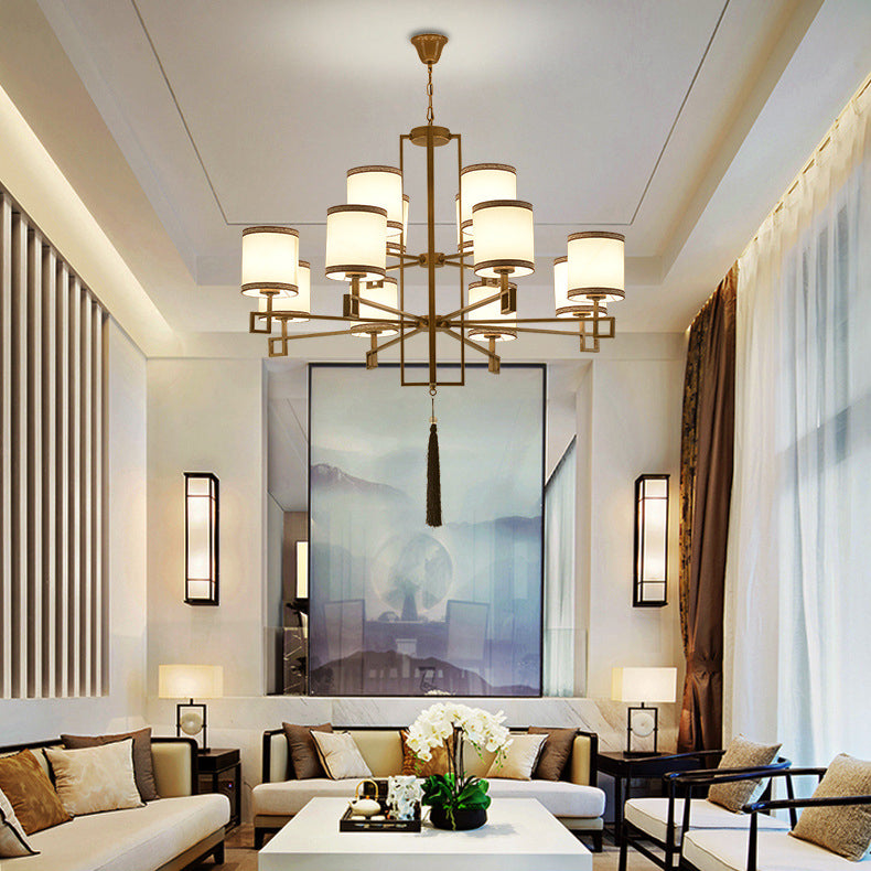 Cylindrical Fabric Suspension Lamp Retro Lobby Living Room Chandelier with Tassel