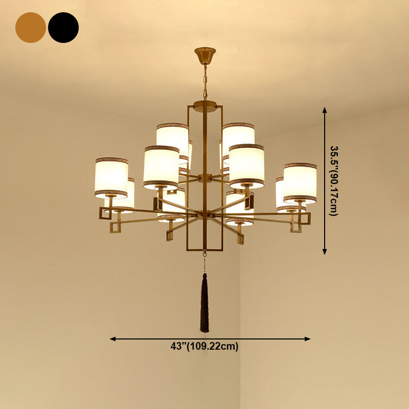 Cylindrical Fabric Suspension Lamp Retro Lobby Living Room Chandelier with Tassel
