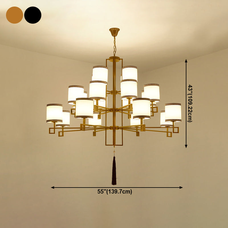 Cylindrical Fabric Suspension Lamp Retro Lobby Living Room Chandelier with Tassel