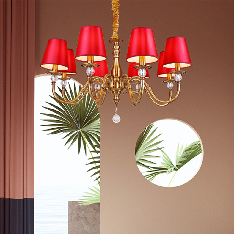 Fabric Red and Brass Chandelier Conical Country Style Pendant Light for Living Room