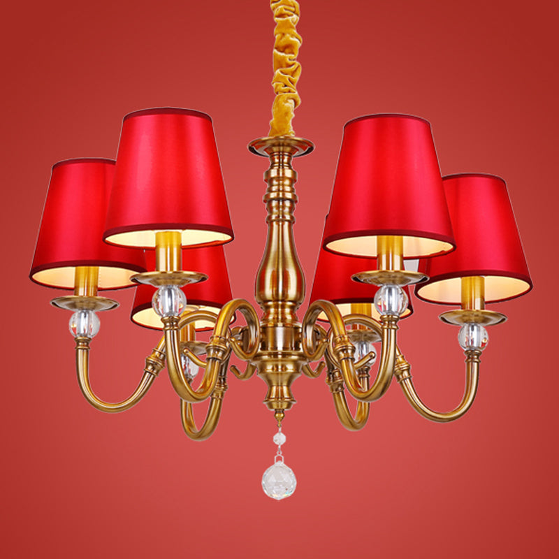 Fabric Red and Brass Chandelier Conical Country Style Pendant Light for Living Room
