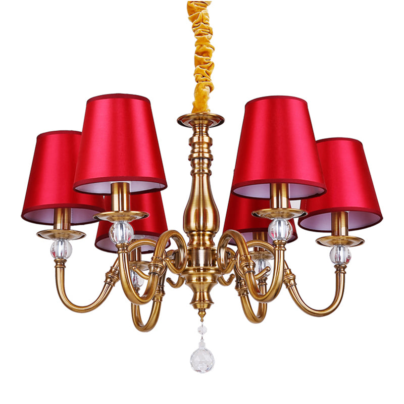 Fabric Red and Brass Chandelier Conical Country Style Pendant Light for Living Room