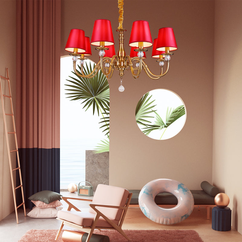 Fabric Red and Brass Chandelier Conical Country Style Pendant Light for Living Room