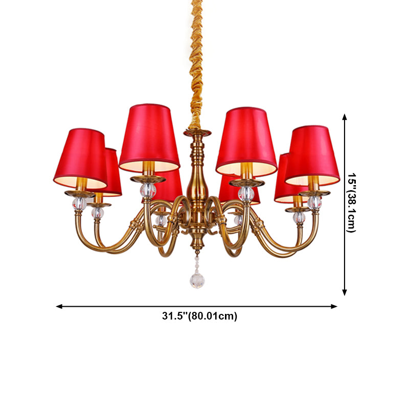 Fabric Red and Brass Chandelier Conical Country Style Pendant Light for Living Room