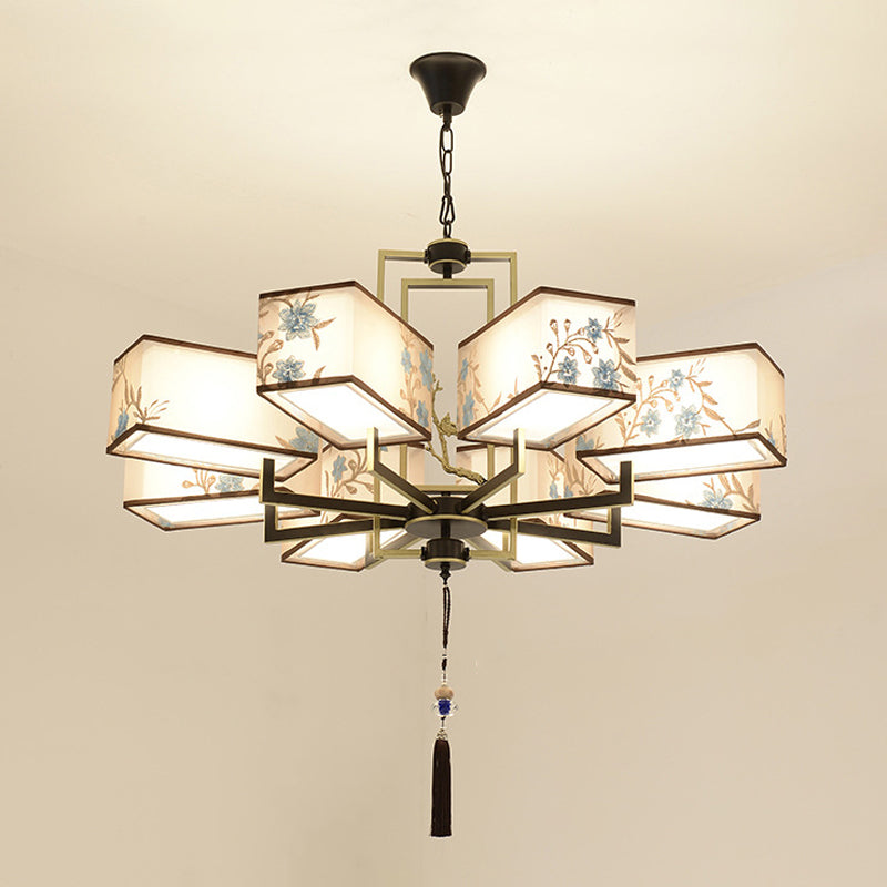 Rustic Embroidery Chandelier Fabric Suspended Lighting Fixture for Living Room