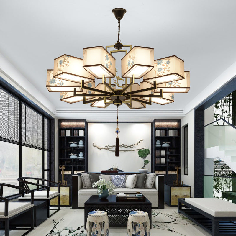 Rustic Embroidery Chandelier Fabric Suspended Lighting Fixture for Living Room