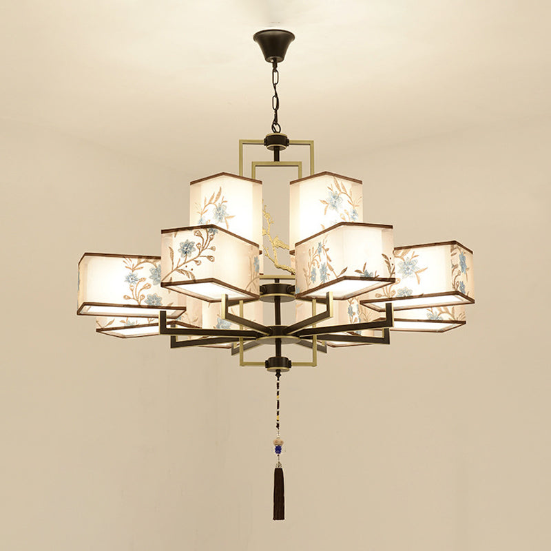 Rustic Embroidery Chandelier Fabric Suspended Lighting Fixture for Living Room