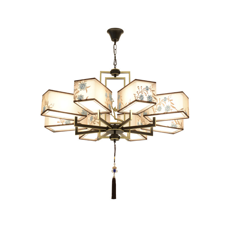 Rustic Embroidery Chandelier Fabric Suspended Lighting Fixture for Living Room