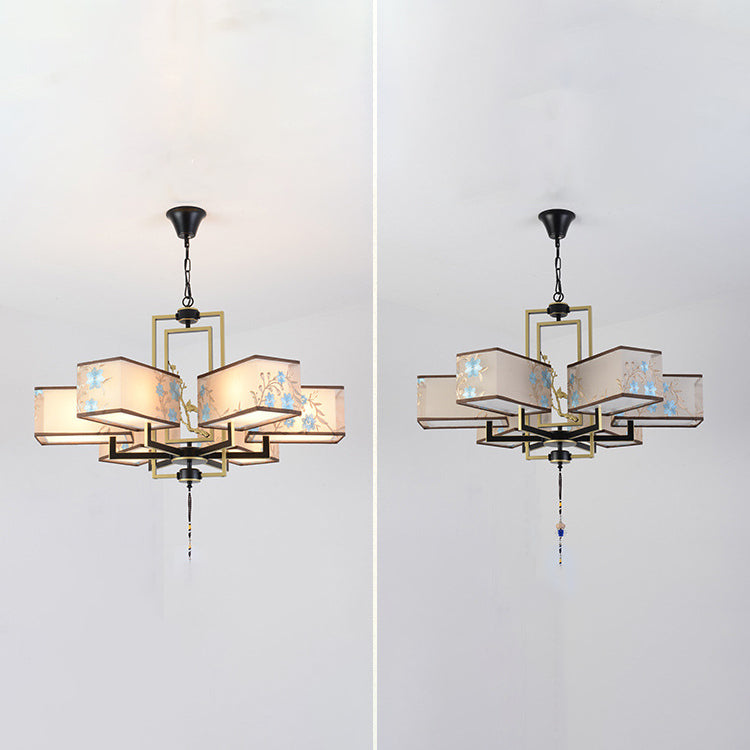 Rustic Embroidery Chandelier Fabric Suspended Lighting Fixture for Living Room