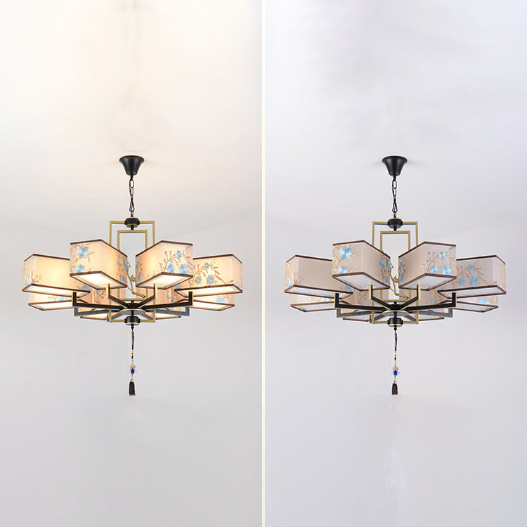 Rustic Embroidery Chandelier Fabric Suspended Lighting Fixture for Living Room