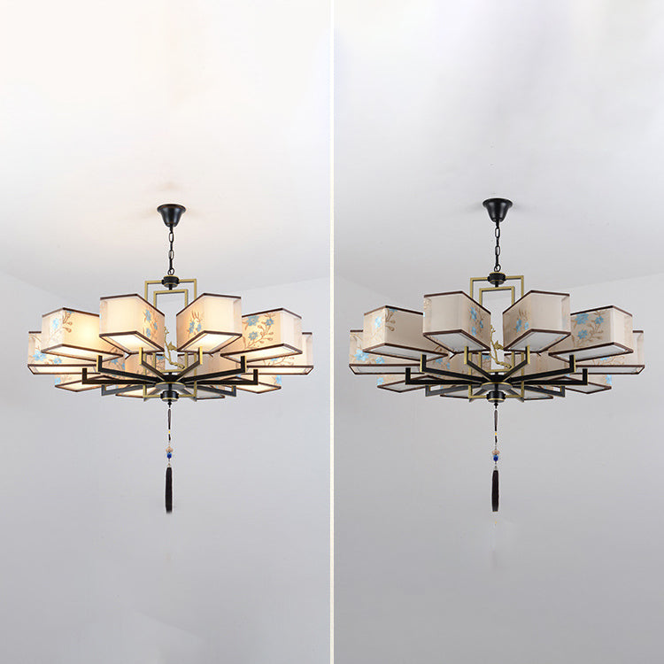 Rustic Embroidery Chandelier Fabric Suspended Lighting Fixture for Living Room