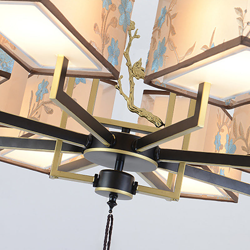Rustic Embroidery Chandelier Fabric Suspended Lighting Fixture for Living Room