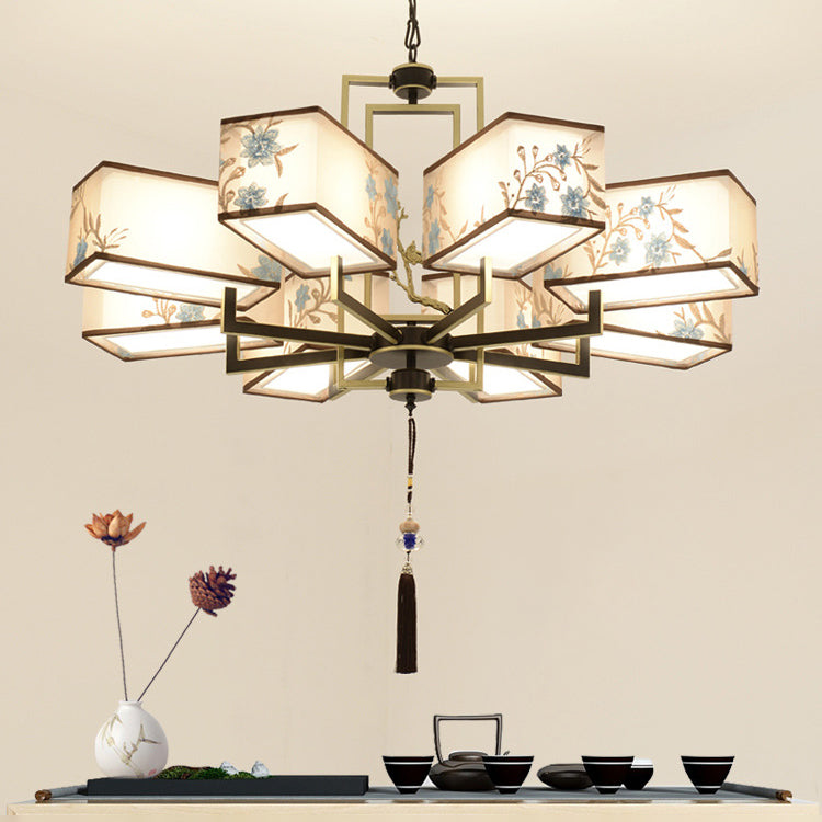 Rustic Embroidery Chandelier Fabric Suspended Lighting Fixture for Living Room