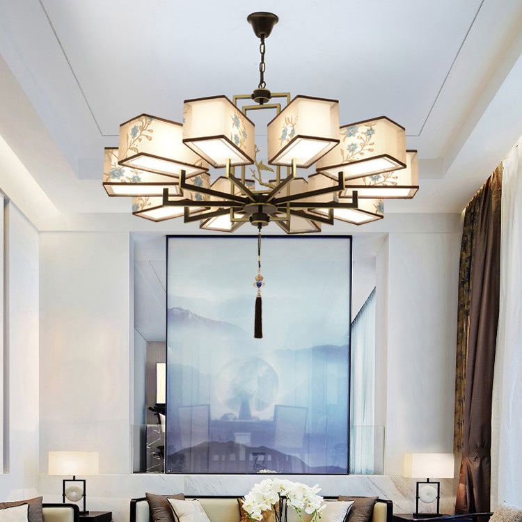 Rustic Embroidery Chandelier Fabric Suspended Lighting Fixture for Living Room