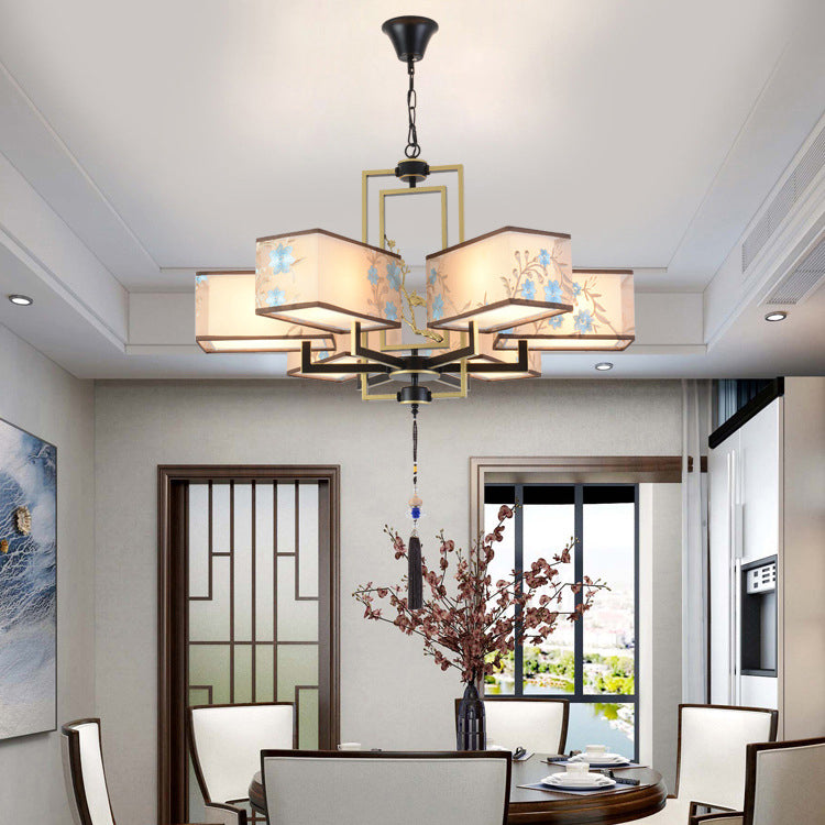 Rustic Embroidery Chandelier Fabric Suspended Lighting Fixture for Living Room