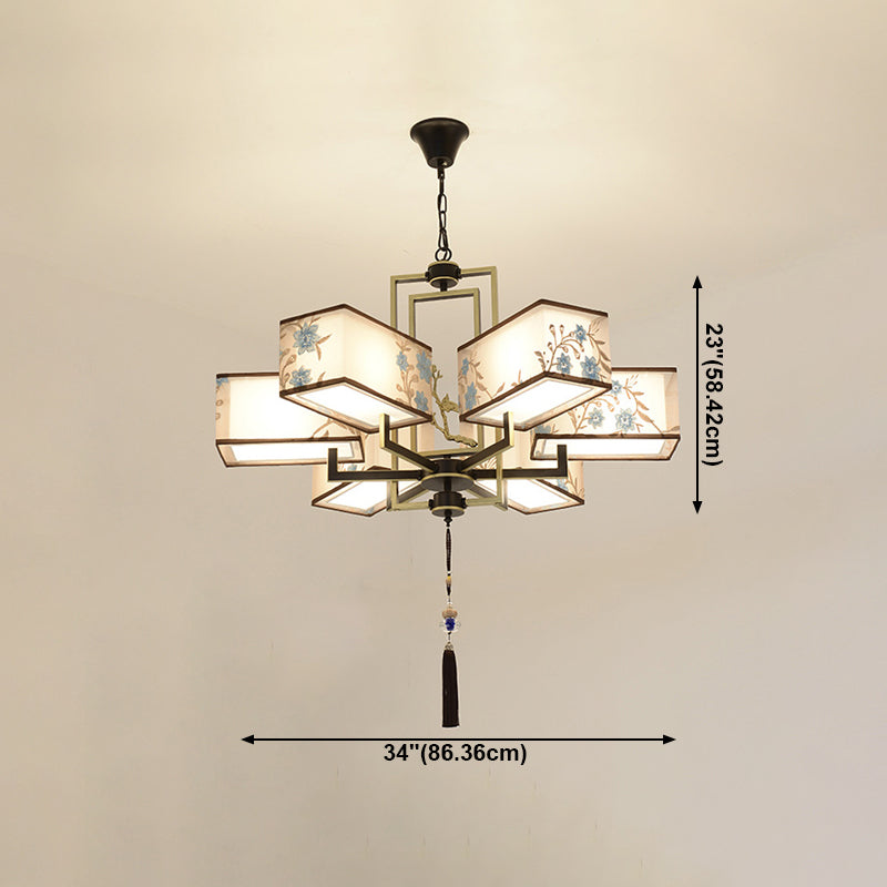 Rustic Embroidery Chandelier Fabric Suspended Lighting Fixture for Living Room