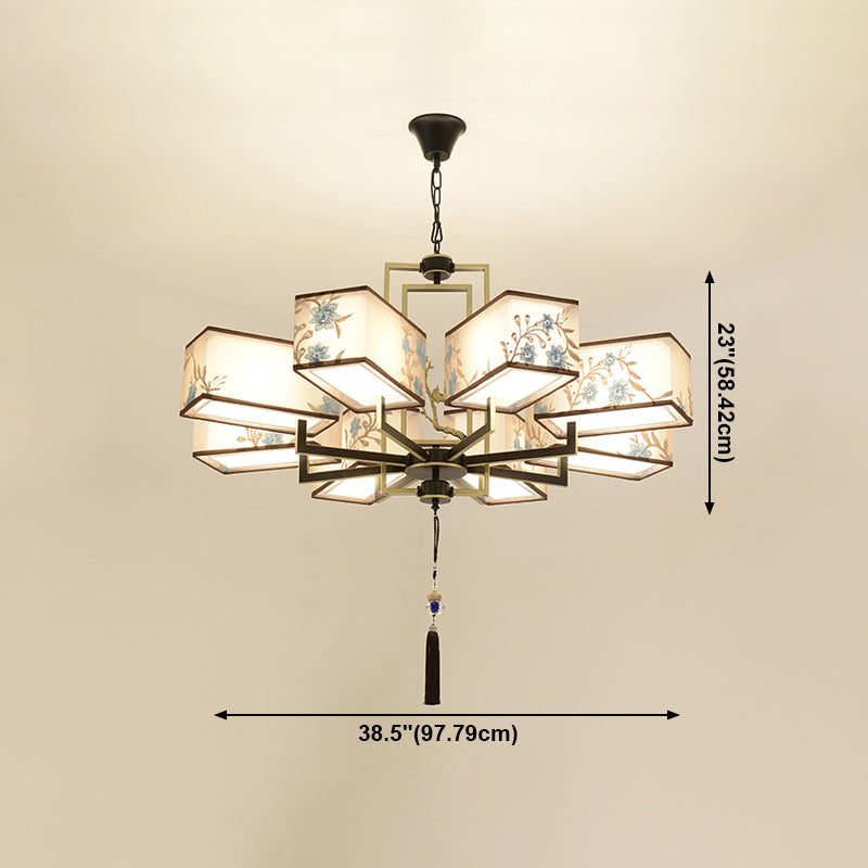 Rustic Embroidery Chandelier Fabric Suspended Lighting Fixture for Living Room