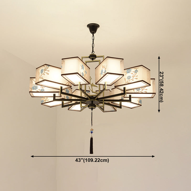 Rustic Embroidery Chandelier Fabric Suspended Lighting Fixture for Living Room