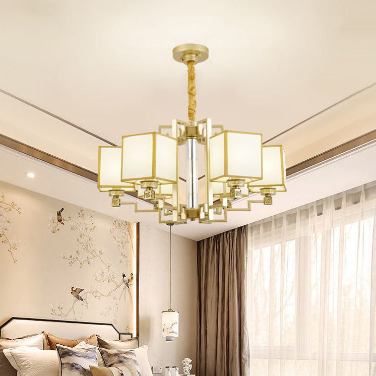 Brass Square Suspension Light Traditional Fabric Lobby Chandelier Light Fixture