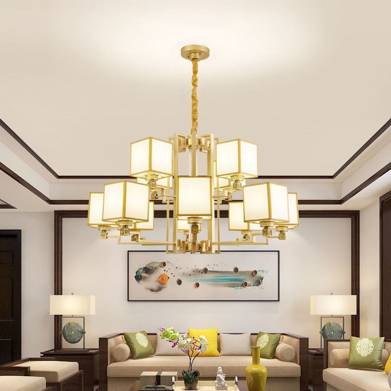 Brass Square Suspension Light Traditional Fabric Lobby Chandelier Light Fixture