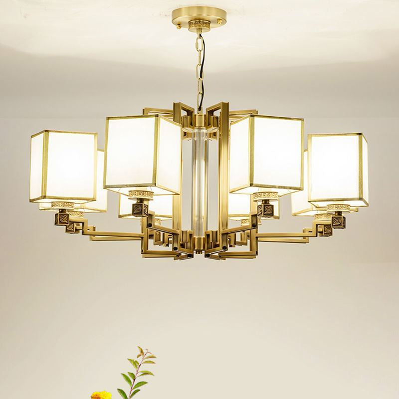 Brass Square Suspension Light Traditional Fabric Lobby Chandelier Light Fixture