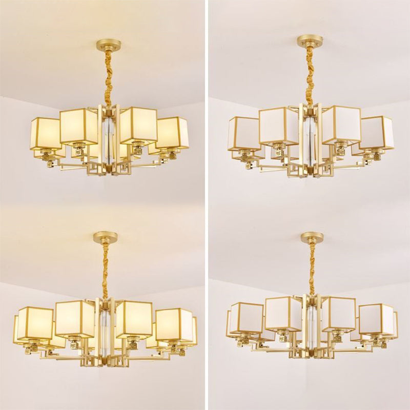 Brass Square Suspension Light Traditional Fabric Lobby Chandelier Light Fixture