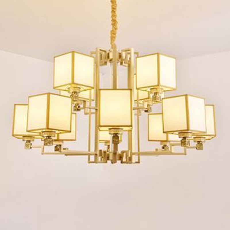 Brass Square Suspension Light Traditional Fabric Lobby Chandelier Light Fixture