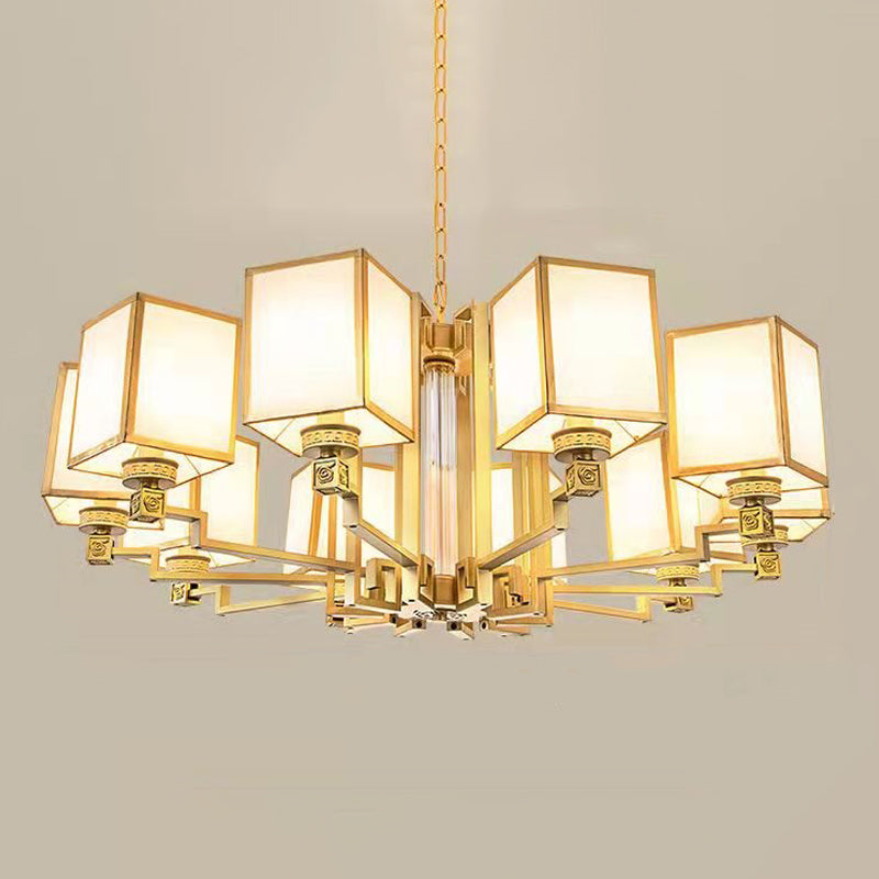 Brass Square Suspension Light Traditional Fabric Lobby Chandelier Light Fixture